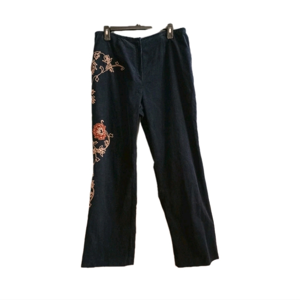 Focus Pincord Embroidered Floral Pants Sz 14 Blue Artsy Hippie Boho Embellished